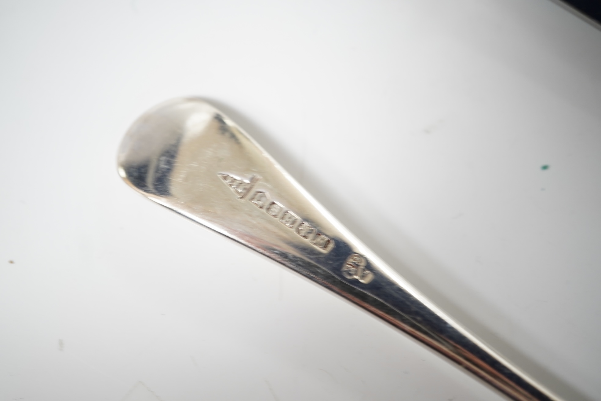 A George VI canteen of silver Hanoverian pattern flatware for six by Goldsmiths & Silversmiths Co Ltd, comprising dessert and table forks and soup and dessert spoons, Sheffield, 1944, 39.6oz, together with eight similar